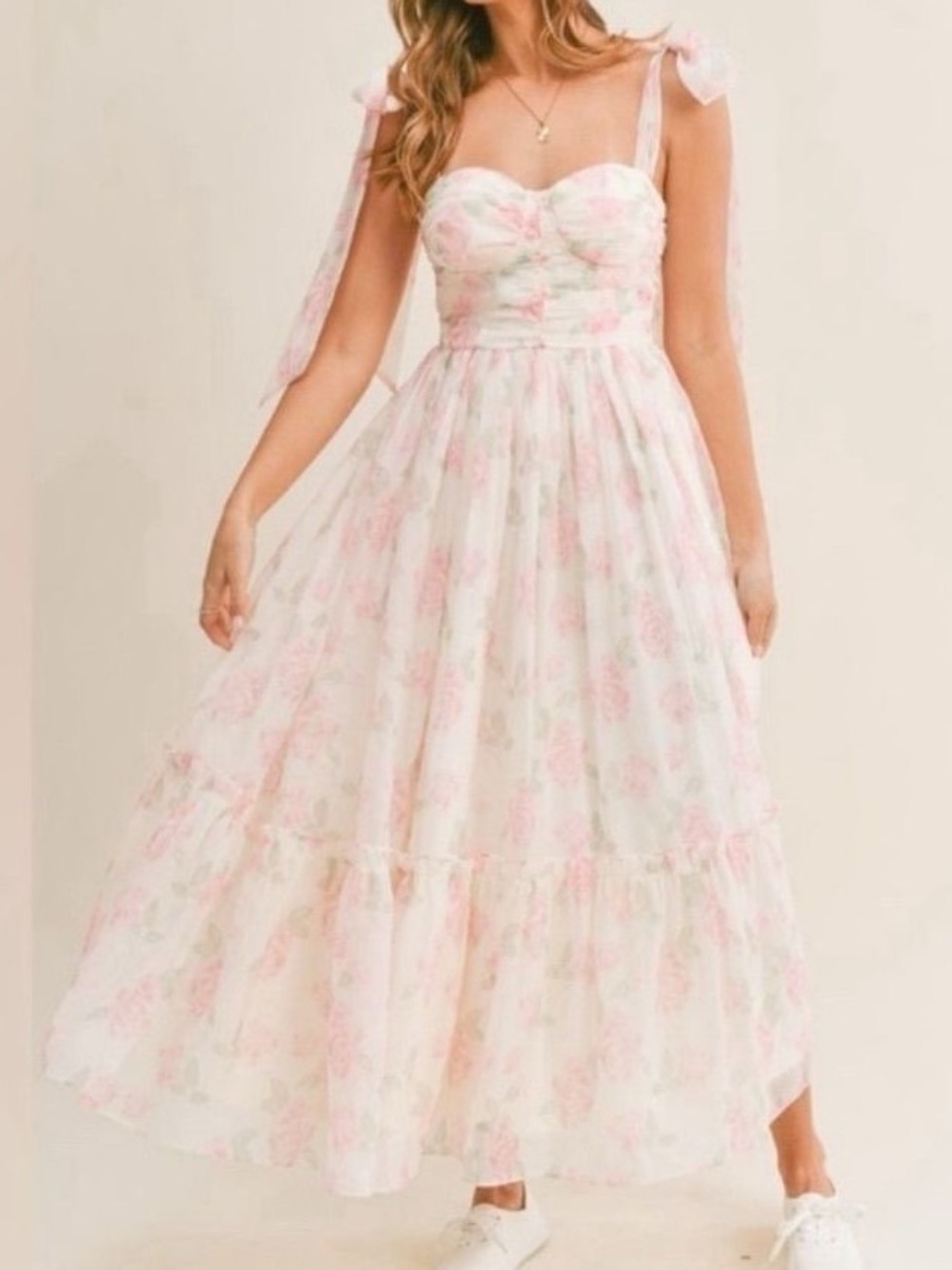 Floral Tie-Shoulder Maxi Dress in Light Pink